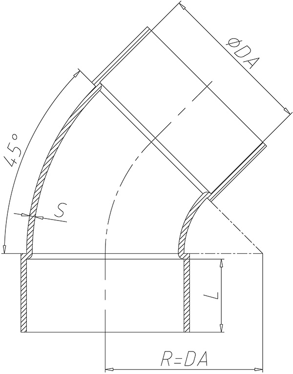 Plastični cevni ovinek 45° tehnične risbe