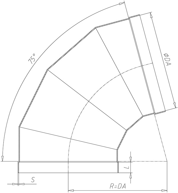 Rohrbogen Kunststoff 75° technische Zeichnungen